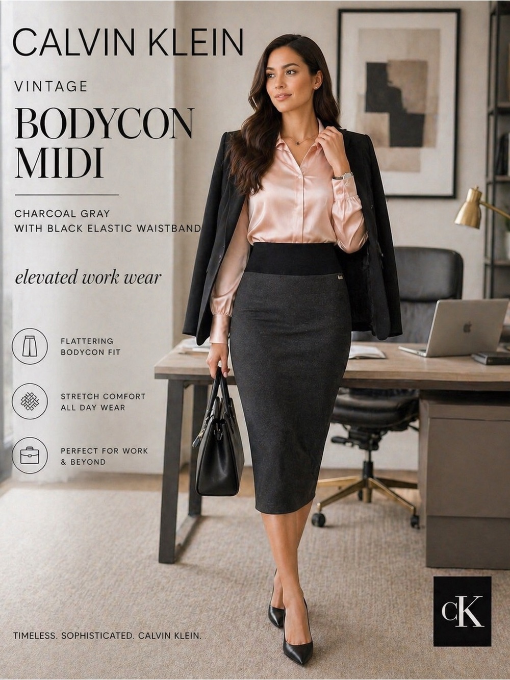 Calvin Klein Vintage Bodycon Skirt |  | Sculpting Fit | Elevated Workwear Chic